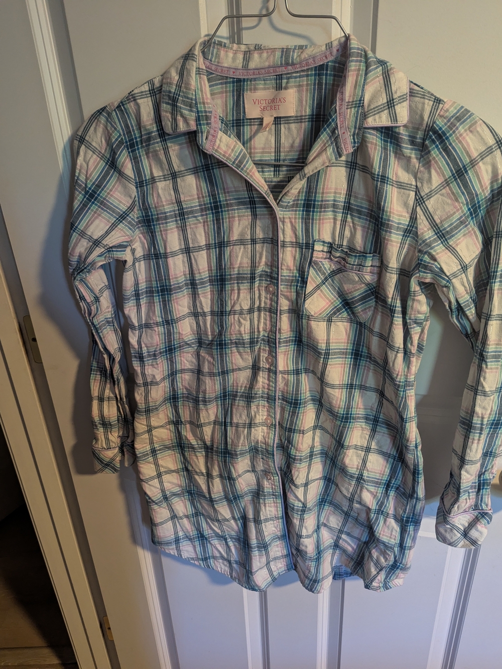 Victoria's Secret Plaid Button-Down Shirt - White, Teal & Light Pink